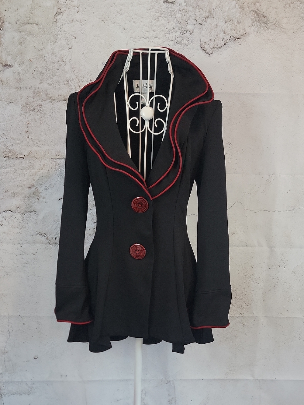 Joseph Ribkoff Black Peplum Blazer Jacket  Red Trim Womens Size 4 Vintage 90's